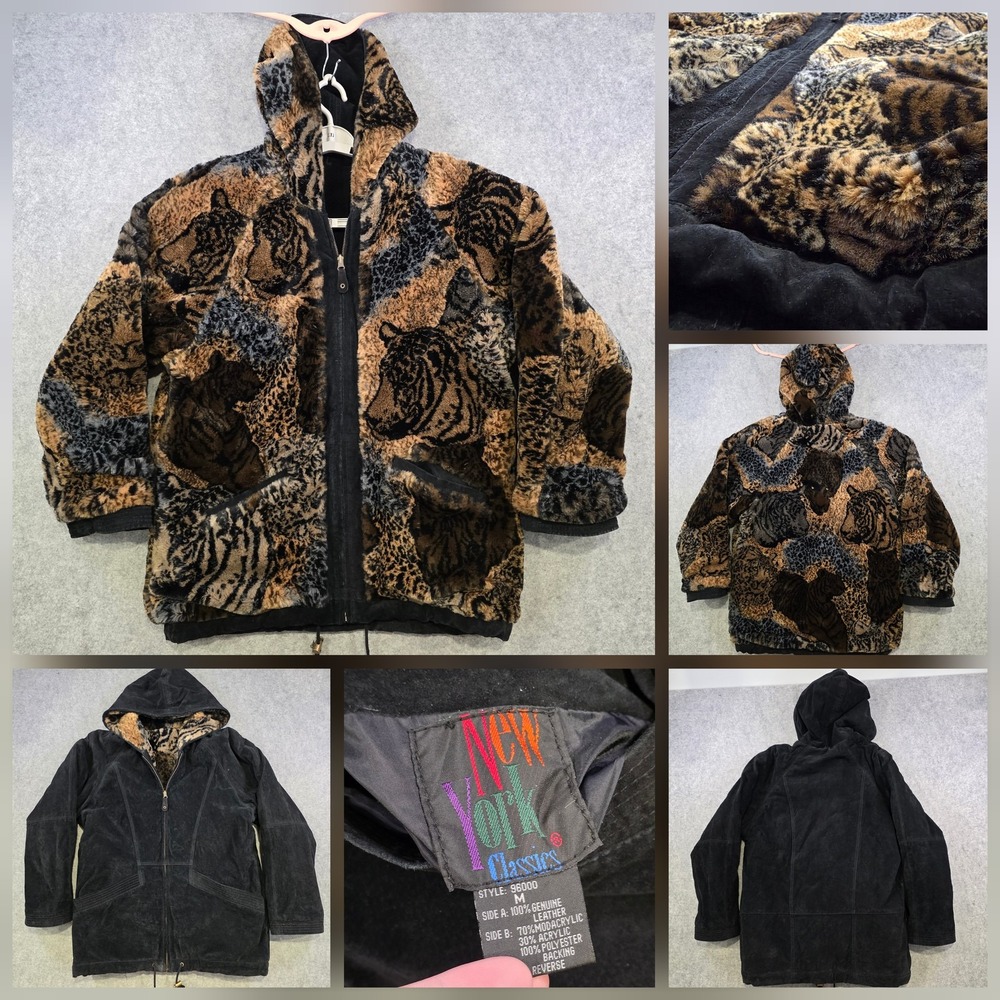 New York Classics Leather Parka Coat Womens M Hooded Reversible Tiger Faux Fur